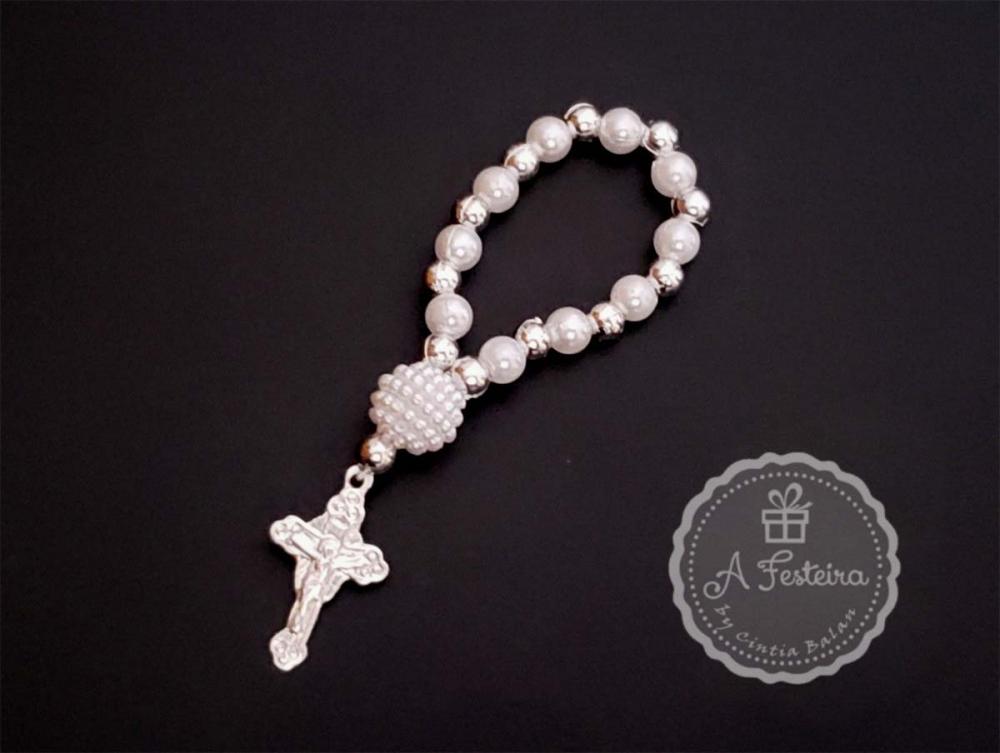 Tercinho com Pérola Craquelada e Crucifixo Prateado