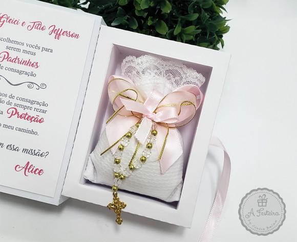 Caixa Convite Santinha com Sachê e Tercinho Rosa