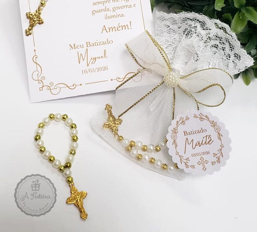Saquinho com Mini Terço Dourado