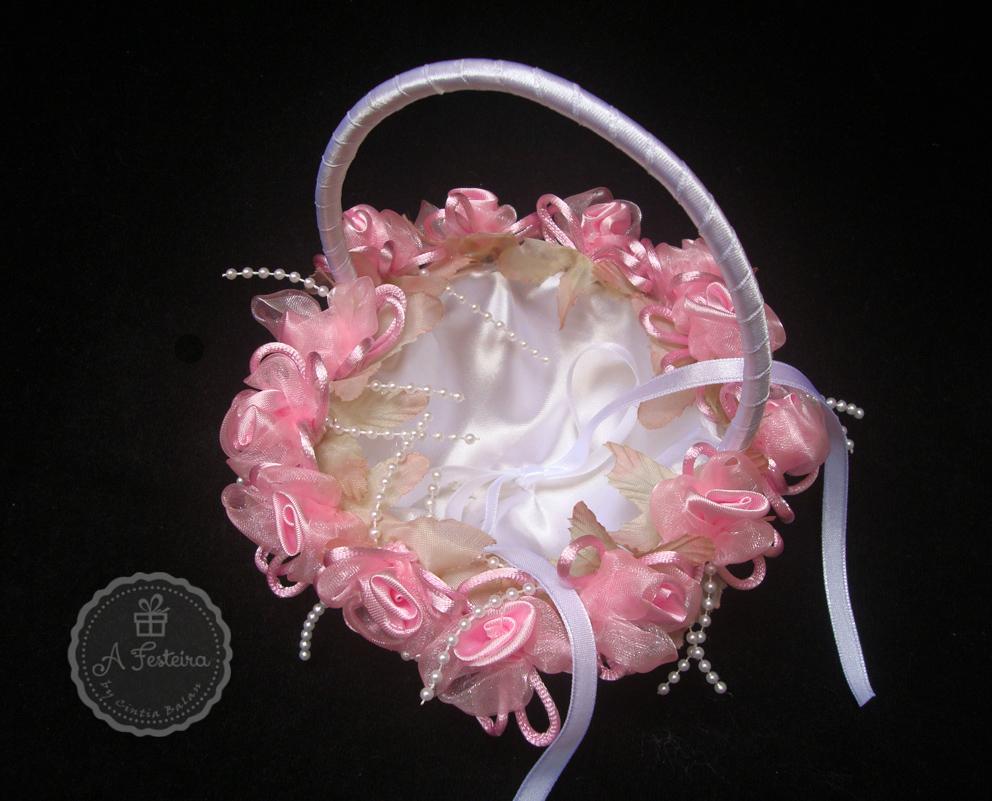 Cestinha Porta Alianças Flor Rosa