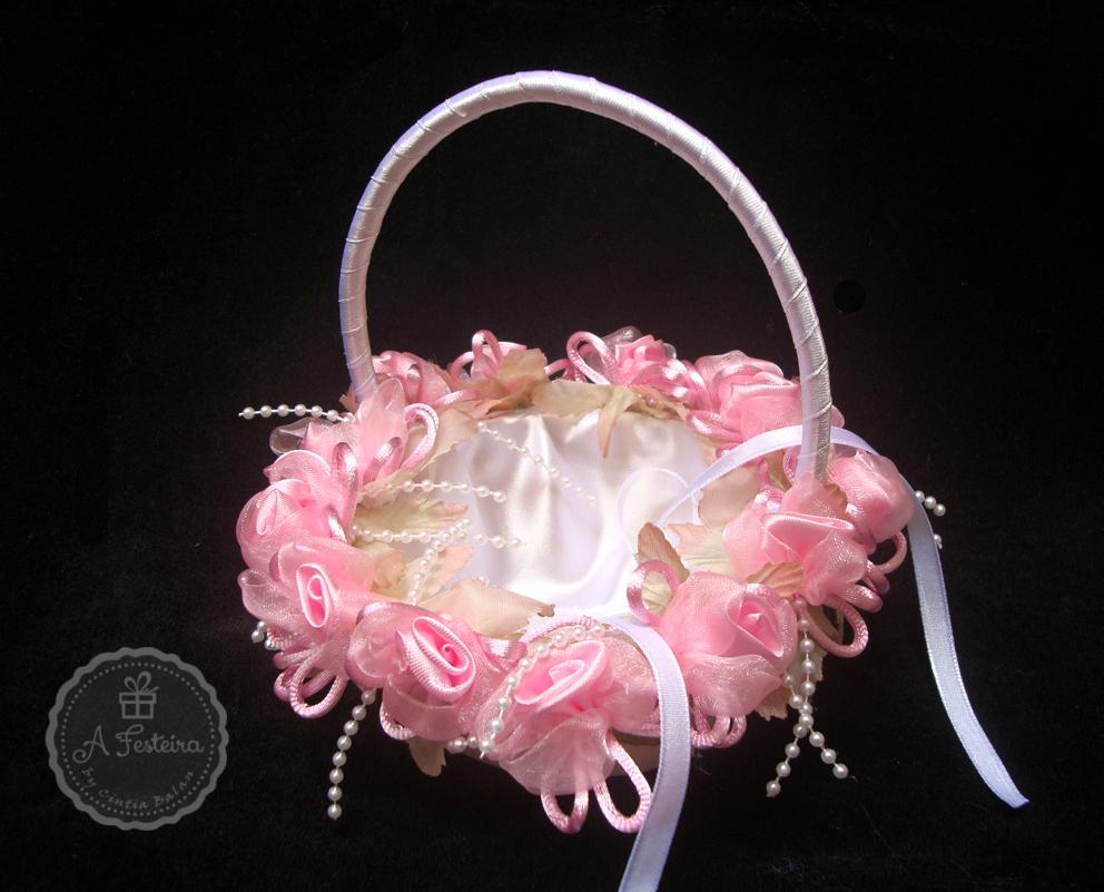 Cestinha Porta Alianças Flor Rosa