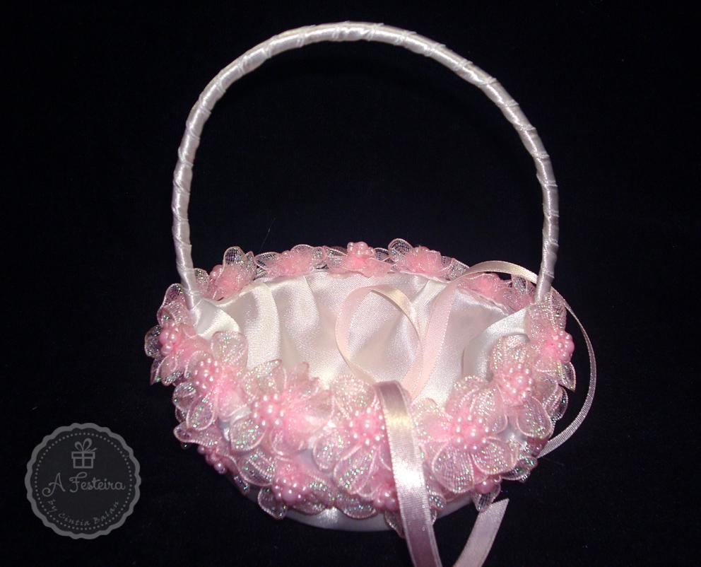 Cestinha Porta Alianças Flor de Pérola Rosa