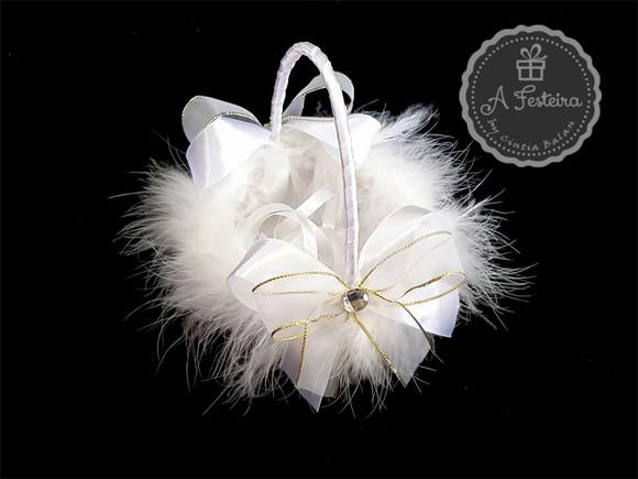 Cestinha Porta Alianças Plumas com Dourado
