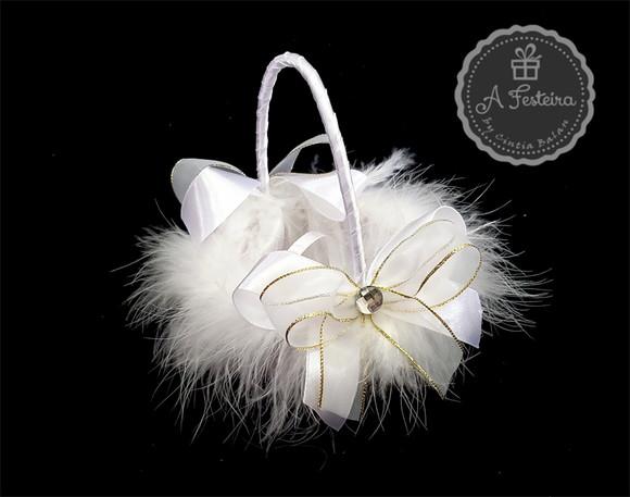 Cestinha Porta Alianças Plumas com Dourado