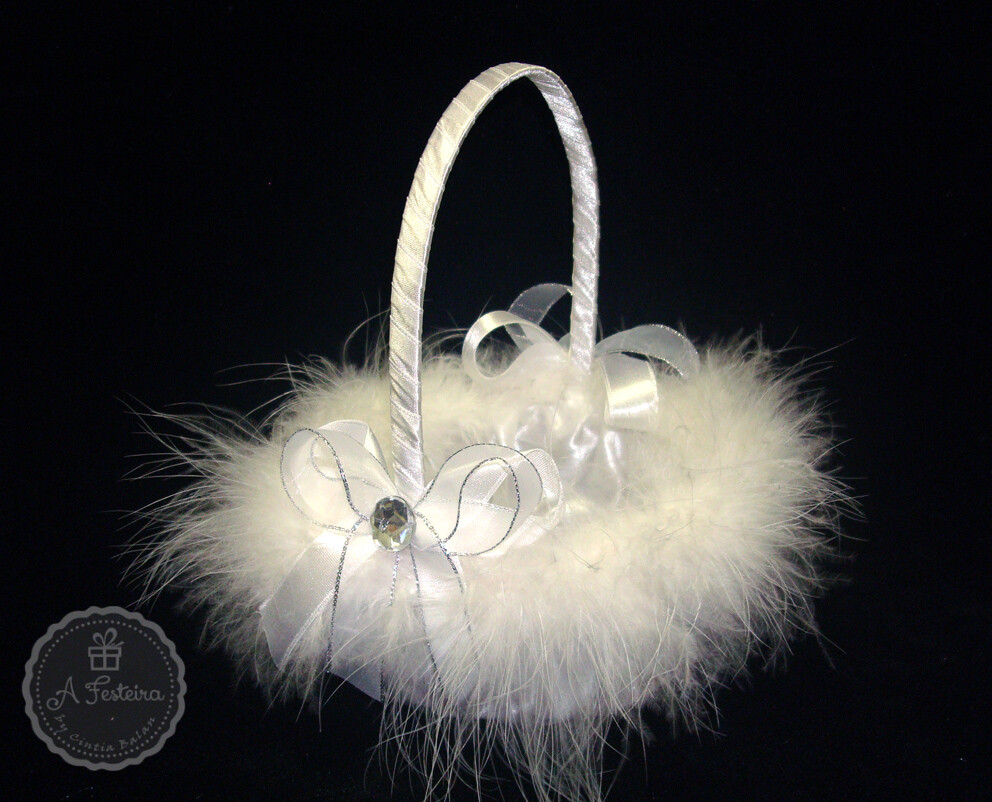 Cestinha Porta Alianças Plumas com Prateado