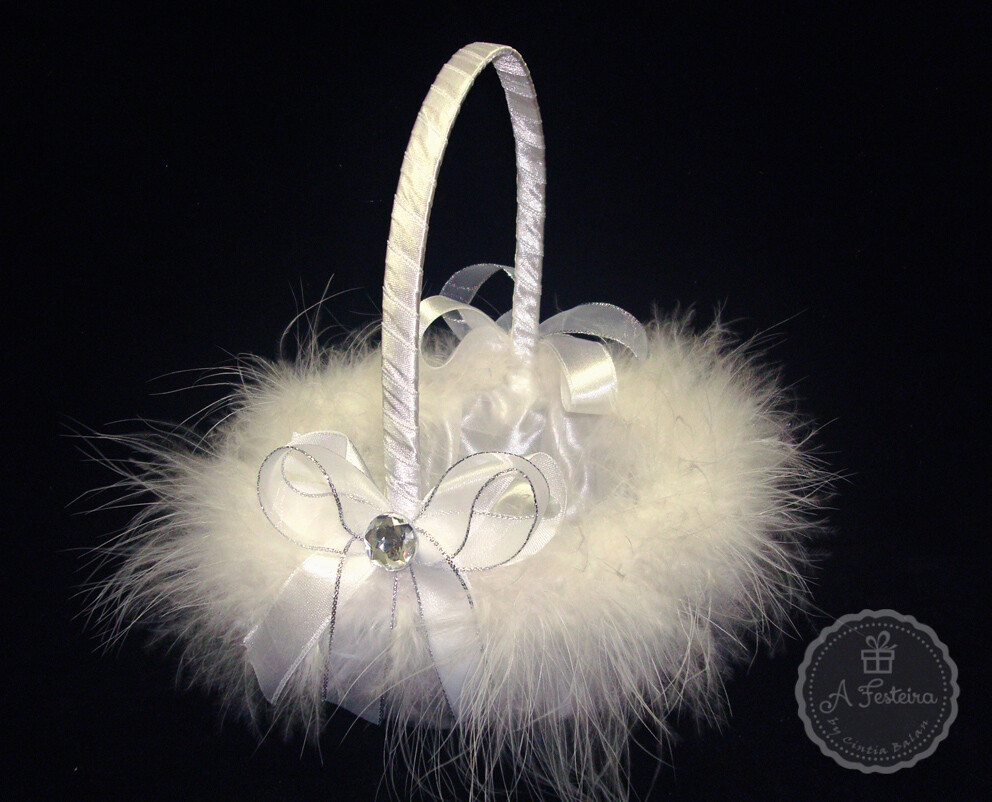 Cestinha Porta Alianças Plumas com Prateado