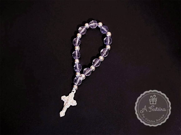 Tercinho Cristal Lilás Crucifixo Prateado