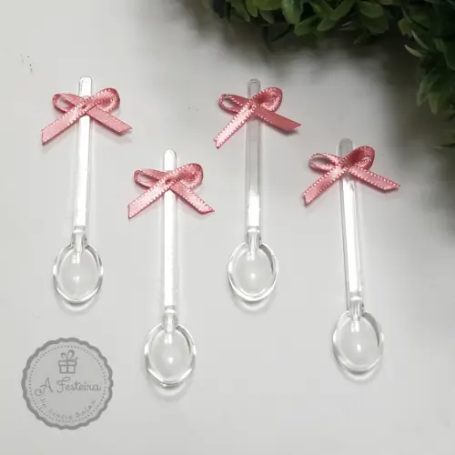 Kit com 50 Mini Colheres com Lacinho Rosa - PRONTA ENTREGA