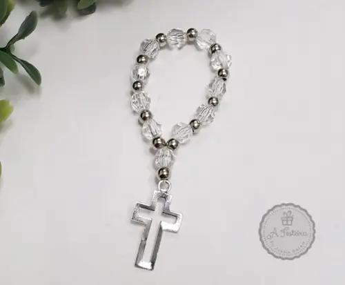 Mini Terço Cristal com Crucifixo Prateado