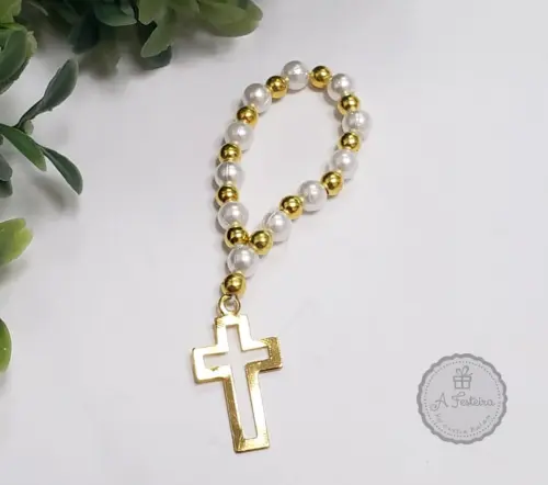 Mini Terço de Pérola Cruz Dourada