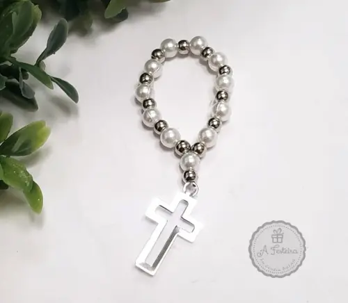 Mini Terço Pérola Cruz Prateada