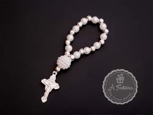 Tercinho com Pérola Craquelada e Crucifixo Prateado