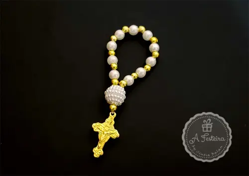 Tercinho com Pérola Craquelada e Crucifixo Dourado