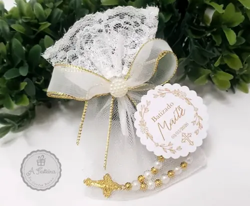 Saquinho com Mini Terço Dourado
