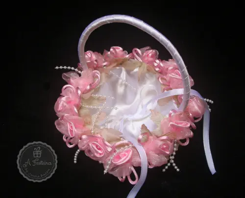 Cestinha Porta Alianças Flor Rosa