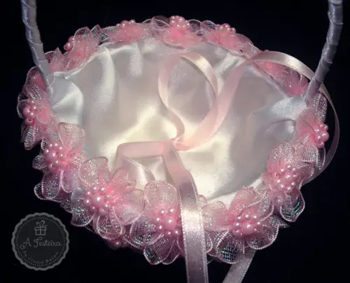 Cestinha Porta Alianças Flor de Pérola Rosa