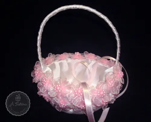 Cestinha Porta Alianças Flor de Pérola Rosa