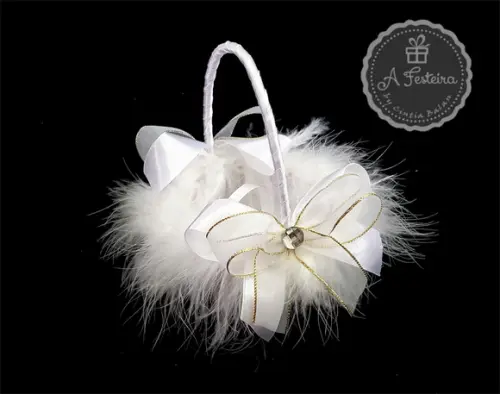 Cestinha Porta Alianças Plumas com Dourado