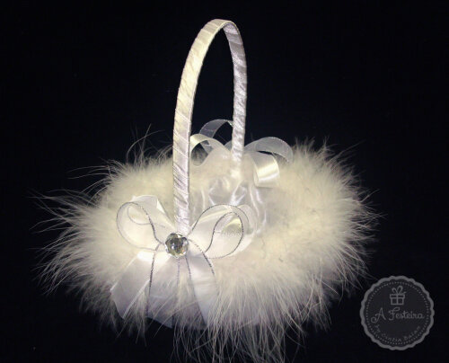 Cestinha Porta Alianças Plumas com Prateado