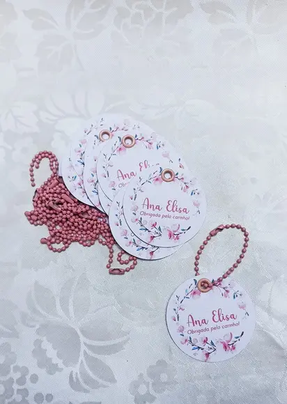 Tag Floral Flor de Cerejeira com Corrente Bolinha - 30 Unids