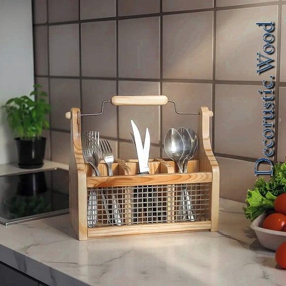 Porta Talher Cestinha Madeira Rústica / Organização Cozinha