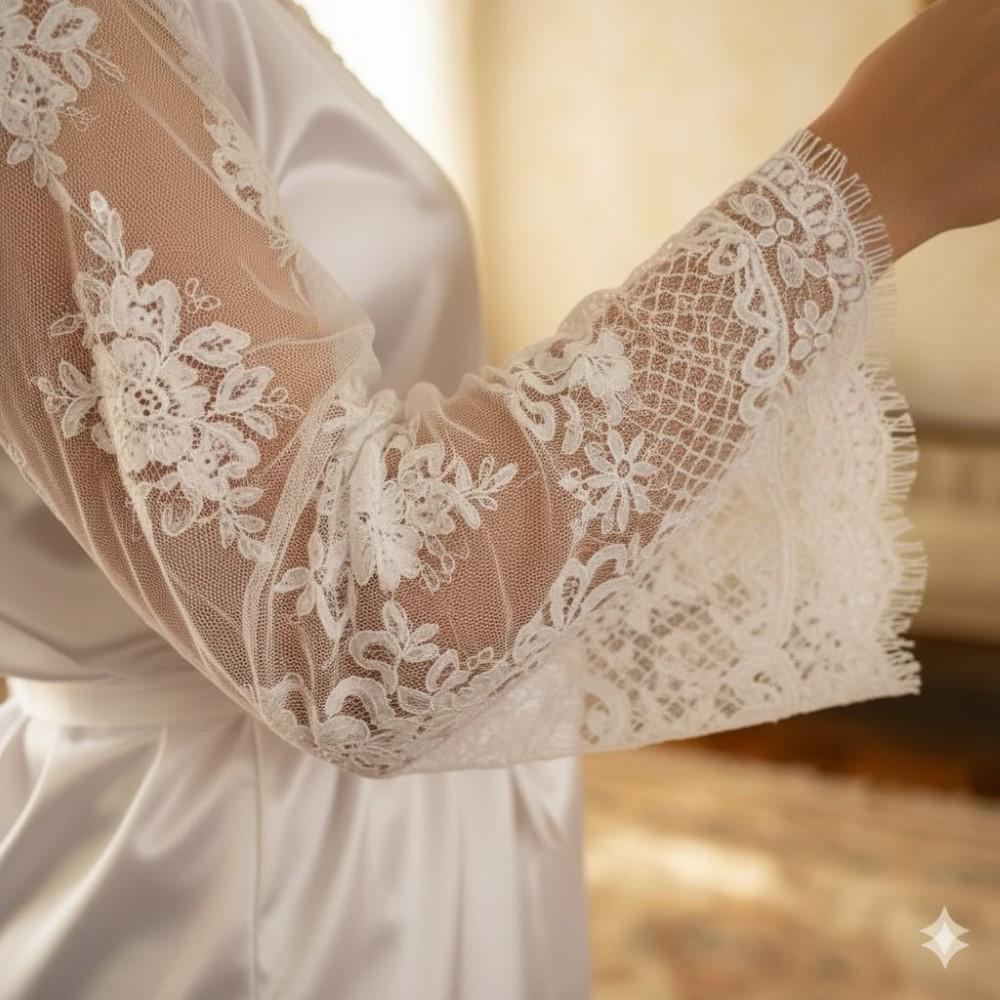 Robe Cetim Elastano Longo/midi Bordado Manga Tule Especial