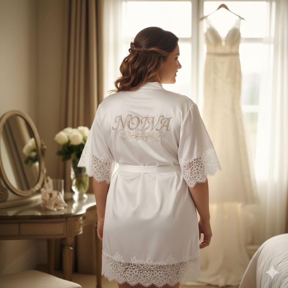 Robe Cetim Elastano Personalizado Manga c/ Renda Fina