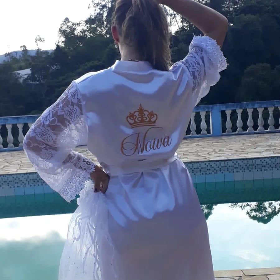 Robe Cetim Elastano Personalizado Manga de Renda Luxo