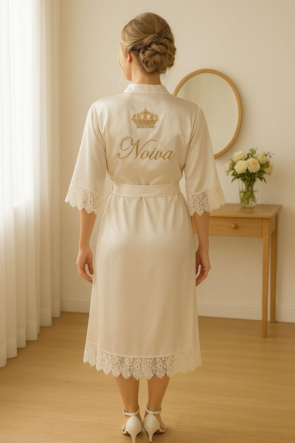 Robe Cetim Elastano Longo/midi Bordado Manga c/ Renda Fina