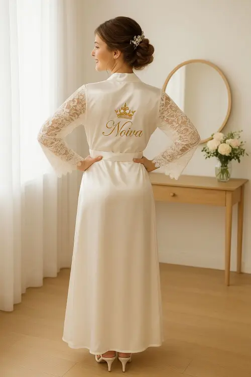 Robe Cetim Elastano Longo/midi Person Manga de Renda Luxo