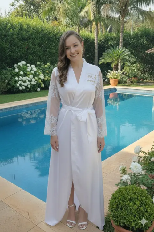 Robe Cetim Elastano Longo/midi Bordado Manga Tule Especial