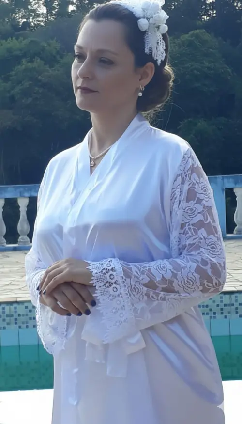Robe Cetim Elastano Personalizado Manga de Renda Luxo