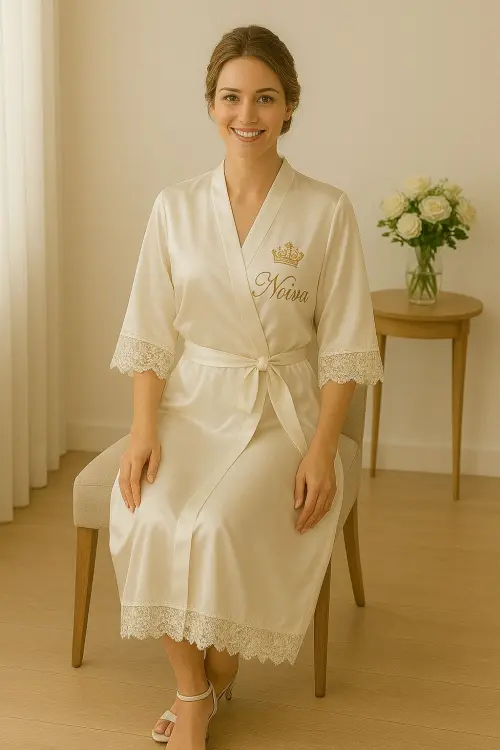 Robe Cetim Elastano Longo/midi Bordado Manga c/ Renda Fina