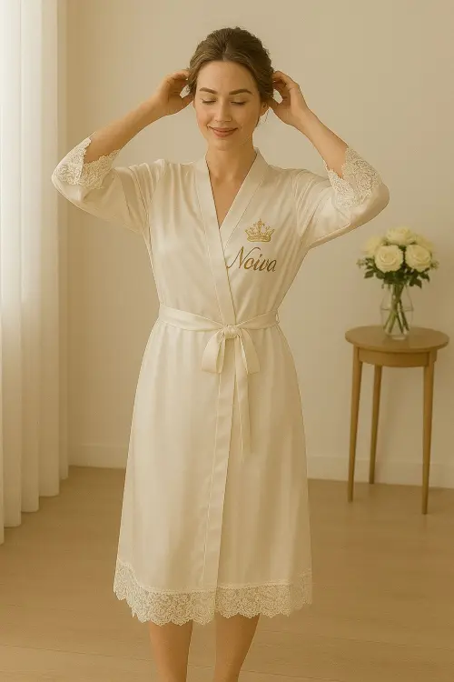 Robe Cetim Elastano Longo/midi Bordado Manga c/ Renda Fina