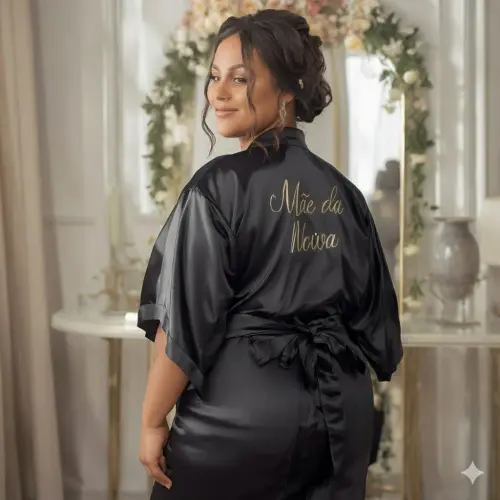 Robe de Cetim Elastano Plus Size com Manga Bordado Person