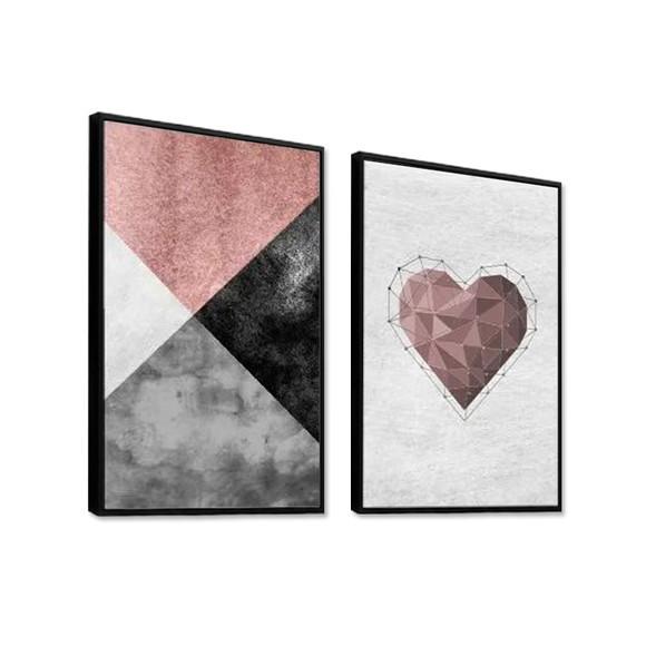 2 Quadros Abstratos Geométrico Rosa Casal Decoração Moldura