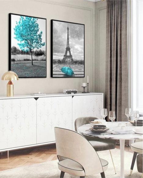 2 Quadros Arvore Cidade Azul Torre Paris Decoração Molduras