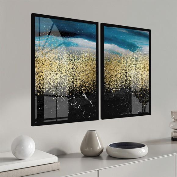 2 Quadros Decorativos Abstrato Azul e Dourado Moldura Vidro