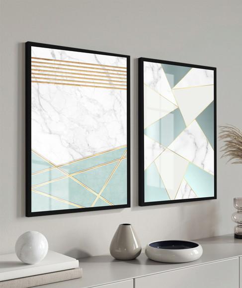 2 Quadros Decorativos Abstrato Azul Moderno Moldura e Vidro
