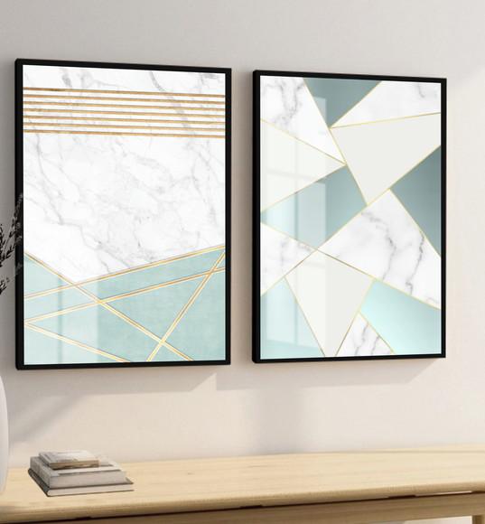 2 Quadros Decorativos Abstrato Azul Moderno Moldura e Vidro