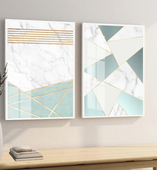 2 Quadros Decorativos Abstrato Azul para Sala Moldura Vidro