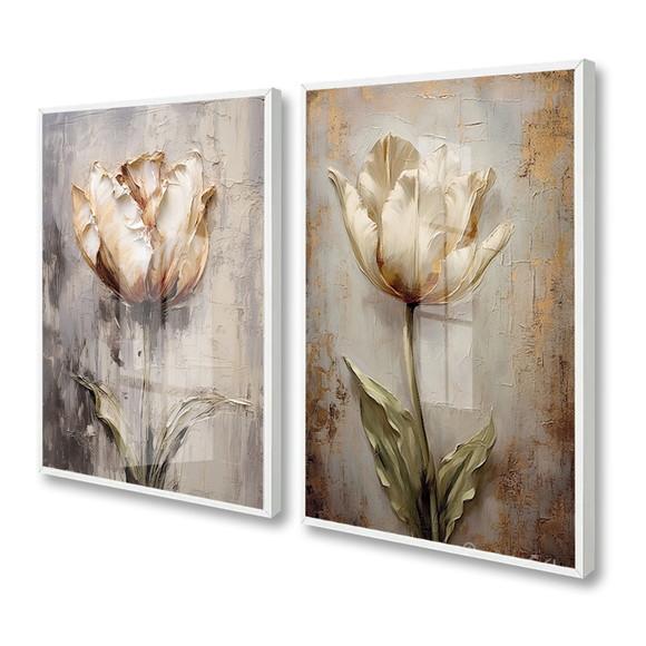 2 Quadros Decorativos Abstrato Flores Sala Quarto Hall Vidro
