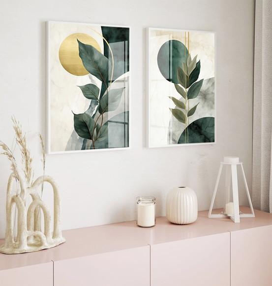 2 Quadros Decorativos Abstrato Folhagem Verde Moldura Vidro