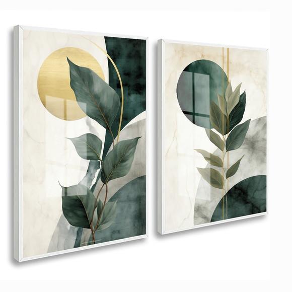 2 Quadros Decorativos Abstrato Folhagem Verde Moldura Vidro