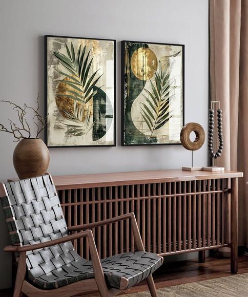 2 Quadros Decorativos Abstrato Folhas Verdes Moderno Vidro