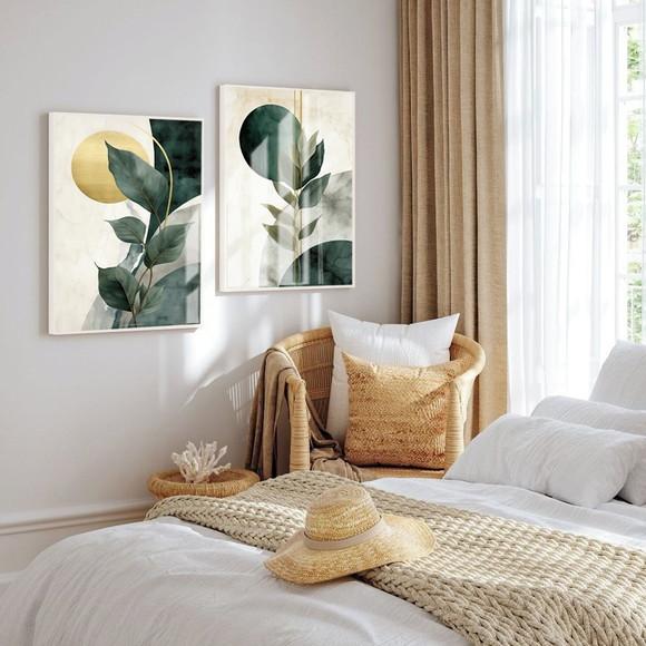 2 Quadros Decorativos Abstrato Folhagem Verde Moldura Vidro