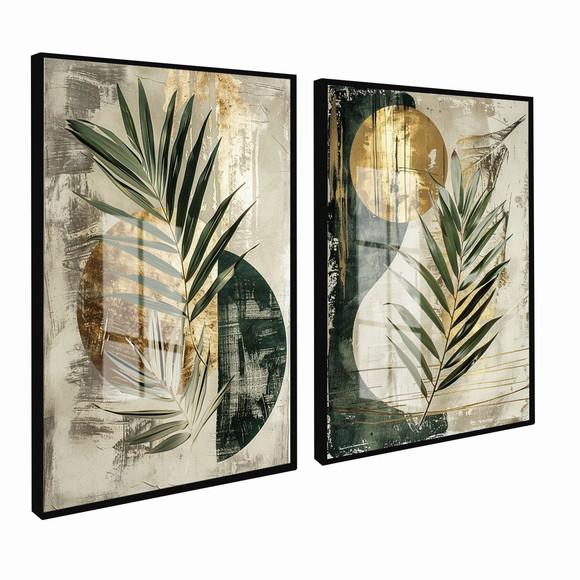 2 Quadros Decorativos Abstrato Folhas Verdes Moderno Vidro