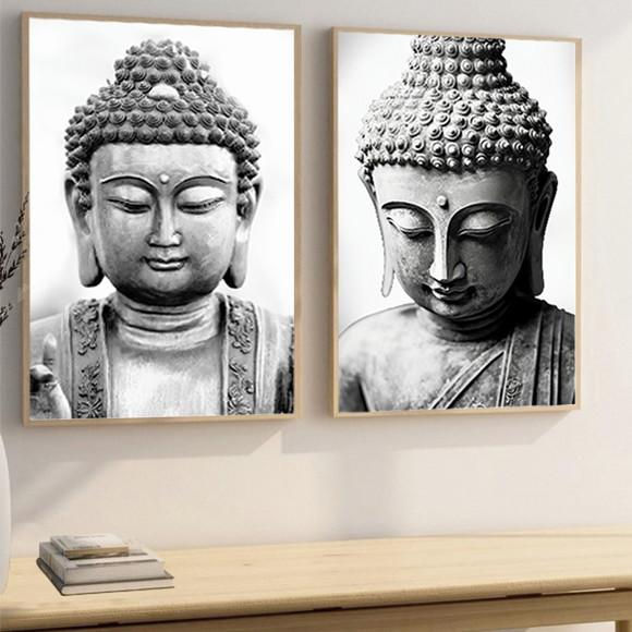 2 Quadros Decorativos Buda Preto e Branco Moderno Moldura
