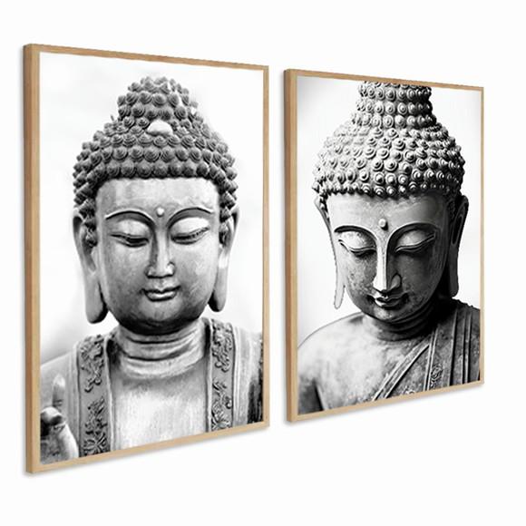 2 Quadros Decorativos Buda Preto e Branco Moderno Moldura
