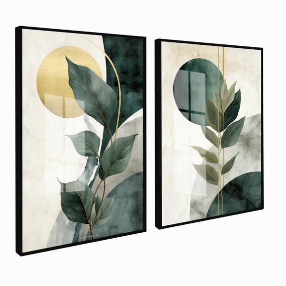 2 Quadros Decorativos Folhagem Verde Abstrato Moldura Vidro